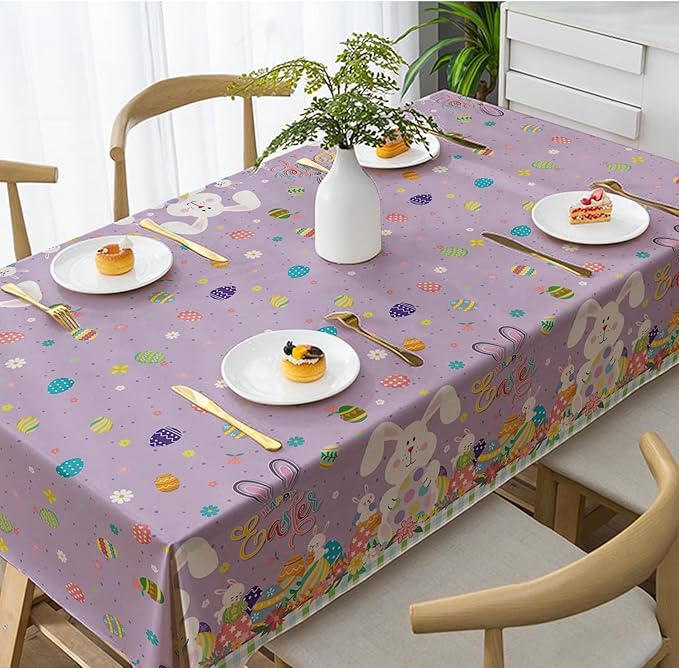 Happy Easter Tablecloth 2 Pack, Bunny Plastic Disposable Tablecloth 54 x 108 Inch, Spring Easter Party Table Cover for Kids Easter Celebration, Holiday Decorations