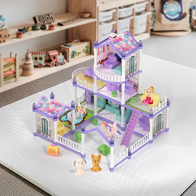 Dollhouse Set with 2 Dolls&4 unicons Dreamy Doll House with 9 Rooms 3 Floors 2 Pets, 12 Pieces Furniture and Accessories, Birthday Princess Dollhouse for Girls for 3 to 12 Years Old