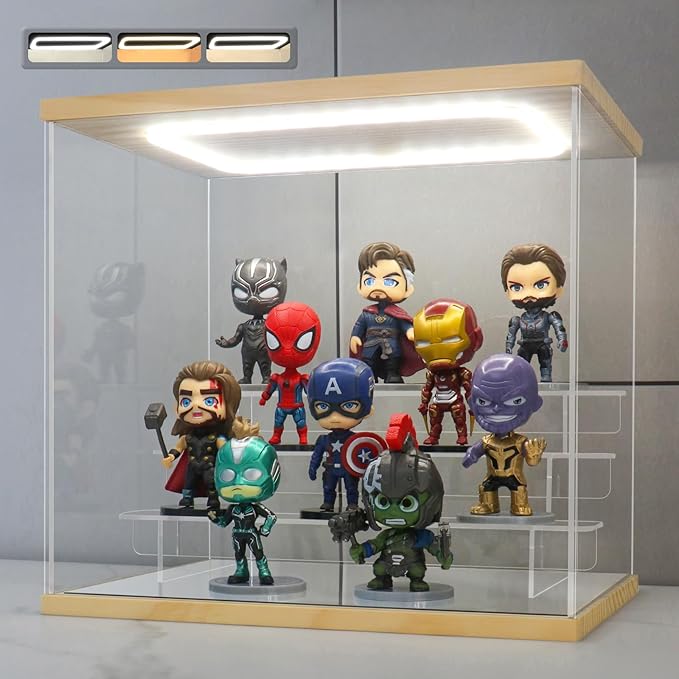 Clear Acrylic Display Case with Light 4 Tier Display Storage Box Assembly Dustproof Showcase for Collectibles Action Figures(Wood, 12.0*8.9*10.9inch)