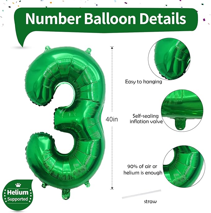 3rd Birthday Number Balloons for Kids, 40 Inch Emerald Green Foil Number, Dark Green Large Number Balloons 0-9 Set for Boys Men Birthday Party Decor Jungle Anniversary Decoration Supplies