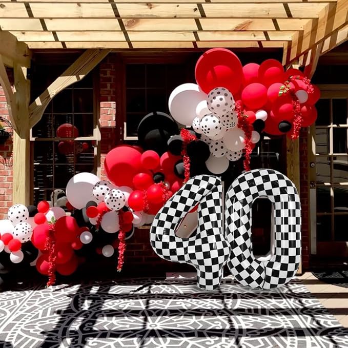 TONIFUL 40 Inch Checkered Number 4 Balloon 4th Race Car Birthday Party Supplies Black and White Large Number Balloon for Girls Boys 4th Birthday Fast Race Car Flag Party Decorations