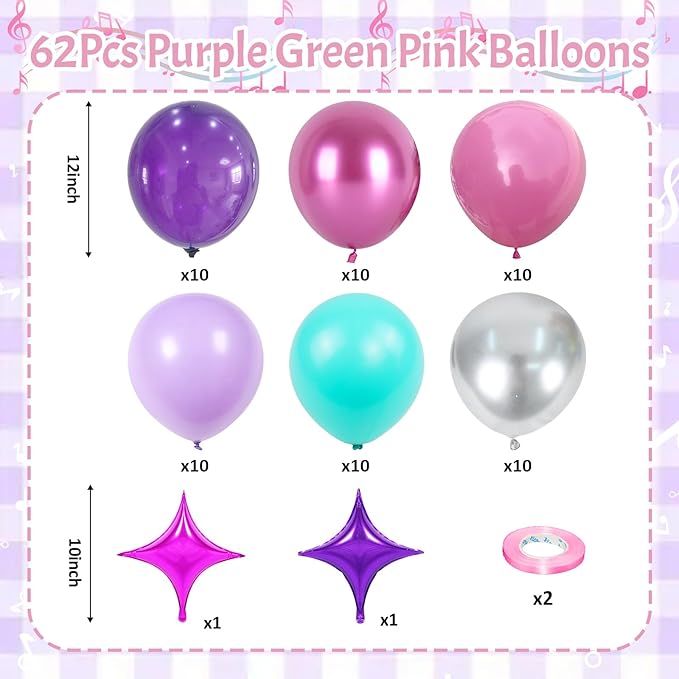 Pink Purple Blue Balloons, 62 Pcs 12 Inch Hot Pink Purple Teal Latex Balloons Violet Turquoise Silver Helium Balloon with Star Foil Balloon for Kids Magic Theme Mermaid Cartoon Birthdays Baby Shower