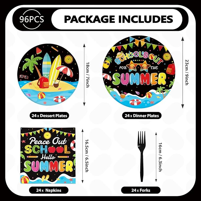 96 Pcs School's Out for The Summer Decorations Peace Out School Hello Summer Plates and Napkins End Of The School Year Tableware Set for Kids Class Of 2025 Preschool Graduation Party Supplies Serve 24