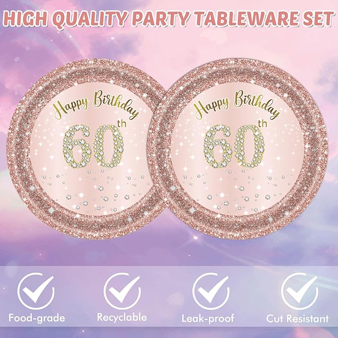 40 PCS 60th Birthday Decorations for Women Rose Gold Party Supplies Include 60th Birthday Plates and Napkins Rose Gold 1966 Birthday Decorations Disposable Tableware Set for Girl Ladies Women