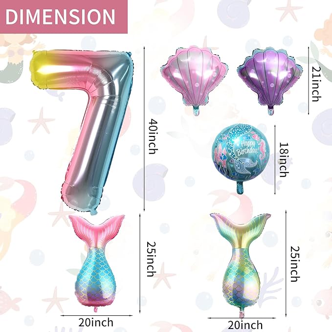 7th Mermaid Birthday Decorations,Pink Blue Balloons Kit Sea Balloon Tail Balloons for Girls Mermaid Party Baby Shower