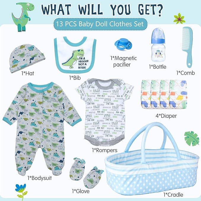 13 Pcs Reborn Baby Doll Clothes Dinosaur for 17-22 Inch Reborn Dolls Accessories Bodysuits +Bassinet+ Diaper Newborn Baby Doll Clothes Boy