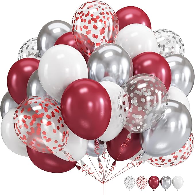 Burgundy Red and Silver Balloons, 60 Packs 12 Inch Wine Red and White Silver Metallic Confetti Balloons with Ribbons for Women Birthday Wedding Bridal Shower Retirement Party Decorations Supplies