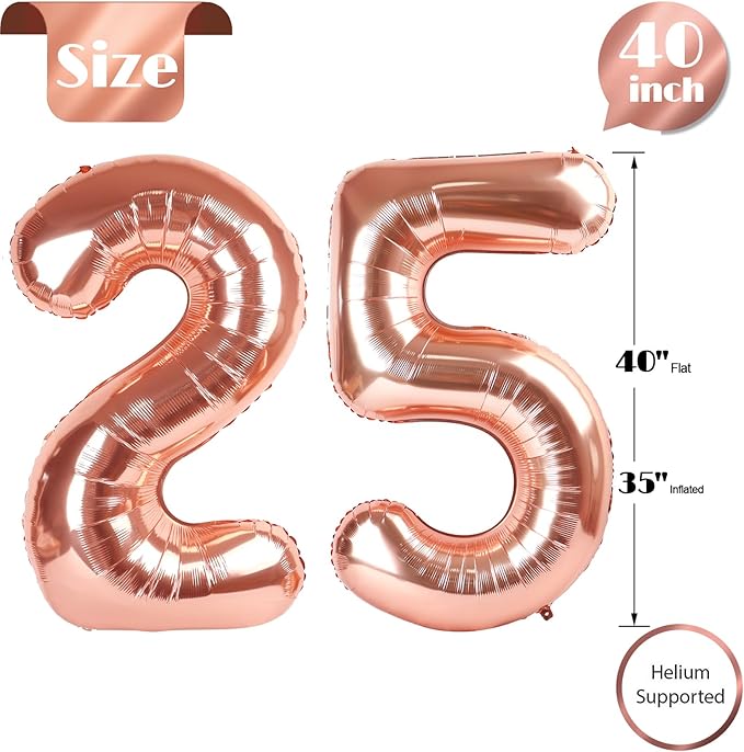 Rose Gold Number 25 Balloon 40 inch, 25 Number Balloons, 25th Birthday Decorations, 25 Year Old Women Men Rose Gold Party Supplies