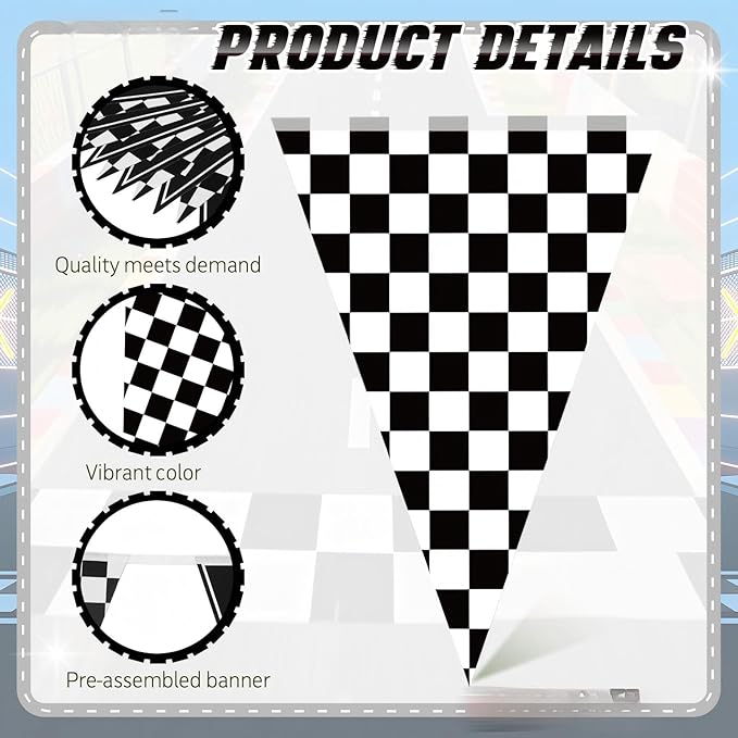 Jetec 5 Pack 49 Ft Checkered Racing Flag Banner for Race Car Party Decorations, Black White Pennant Bunting, Road Track Birthday Supplies for Sports Theme Event Decor, Indoor Outdoor Hanging Flags