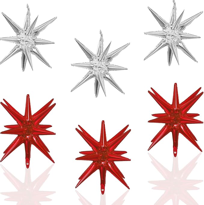 6 Pcs Silver Star Foil Balloons One-Piece 14-Pointed Star Balloon 4D Starburst Cone Mylar Balloon 22inch Christmas Birthday Wedding Wedding Anniversary Party Supplies (Silver + Red)