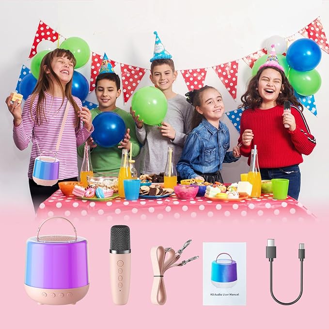 Karaoke Machine for Kids, Portable Bluetooth Speaker with Wireless Microphone & RGB Lights, Magic Voice Effects for 3-12+ Girls Christmas Home Party (Pink)