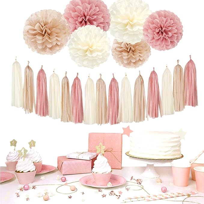 Pink Champagne-Peach Rose-Gold Boho Party Decorations - 23pcs Women Girls Birthday Tissue Pom Poms Streamers,Baby Bridal Shower Tassel Garland Banner,Rustic Wedding Graduation Decor Backdrop Ouruola