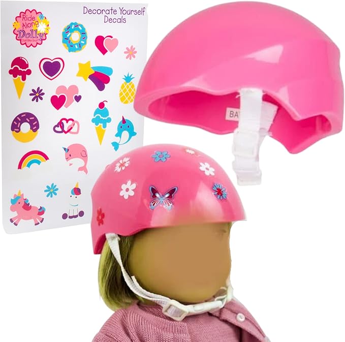 Ride Along Dolly Bike Helmet for 18" Dolls (Pink) - Compatible w American Girl- Bicycle Accessory w Decal Stickers -Ride with Style- Perfect Stocking Stuffer and Christmas Holiday Gift for Girls