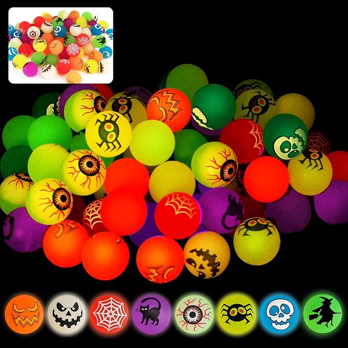 72 Glow in The Dark Bouncing Balls,Halloween Party Favors Supplies, 8 Halloween Theme Designs for School Classroom Game Rewards, Trick or Treating Goodie, Halloween Miniatures/Prizes(with pouch bag)