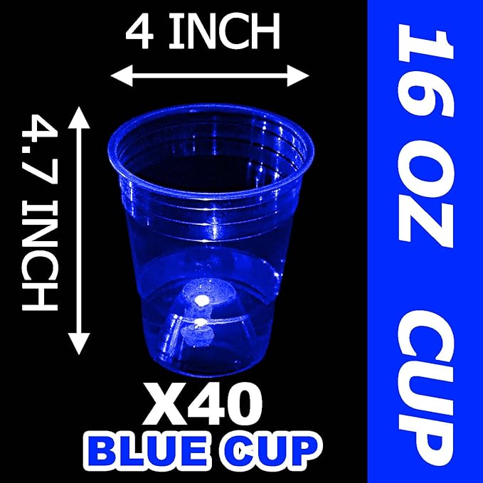 Glow in The Dark Blue Party Cups 40 Pack (16 oz) - LED Light Up Plastic Cups for Birthday Weddings Pool Parties Beach Decorations, Reusable Drinking Cups for Club Events & Nightlife Supplies