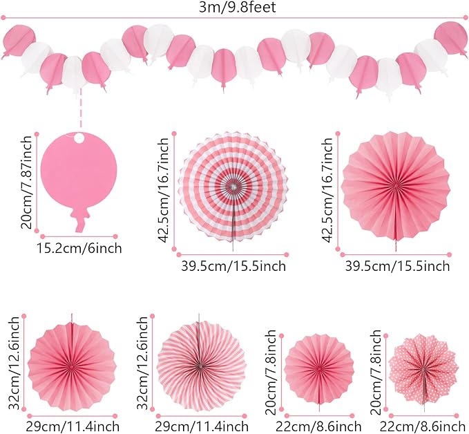 Party Decorations, Pink Papar Fans Pompoms Garlands for Women Girls Mothers Day Bachelorette Wedding Birthday Baby Showers Valentine's Day Party Decorations