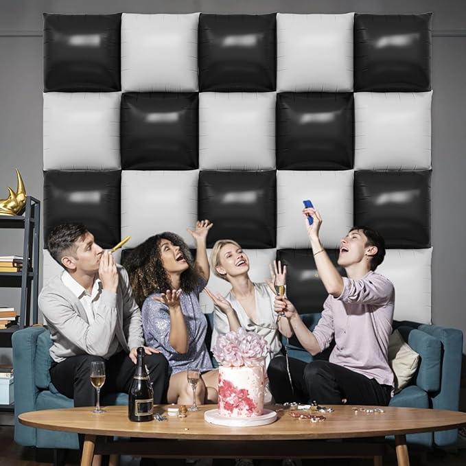 Black White Square Foil Balloon Wall,25Pcs Sand White Black Double Sided Foil Balloons Backdrop Helium Polyester Tunnel Arch Garland Kit for Birthday Bridal Anniversary Party Decorations