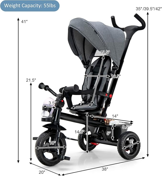 BABY JOY Tricycle, 5 in 1 Toddler Bike W/Removable Push Handle, Reversible Seat, EVA Wheel, Adjustable Canopy, Cup Holder & Storage, Ideal for Kids 1.5-5 Years Old, Tricycle for Toddler (Grey)