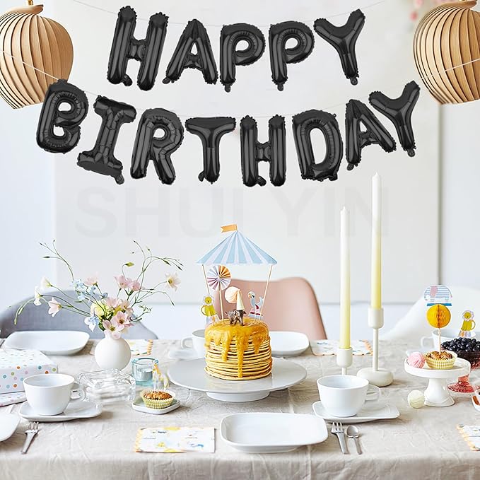 Happy Birthday Balloons Banner Black 16 Inch Mylar Foil Letters