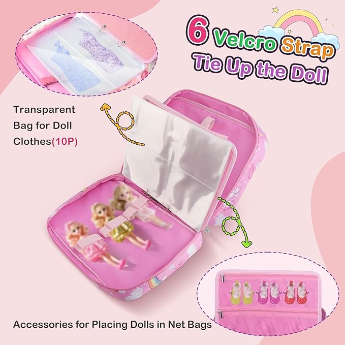 Doll Carrying Case Accessory Organizer Storage, Case to Hold Dolls and Clothes, Much Pocket for Doll’s Clothes, Accessories, Fits 6 Dolls & Accessories, Secure Straps Protect Dolls - Pink