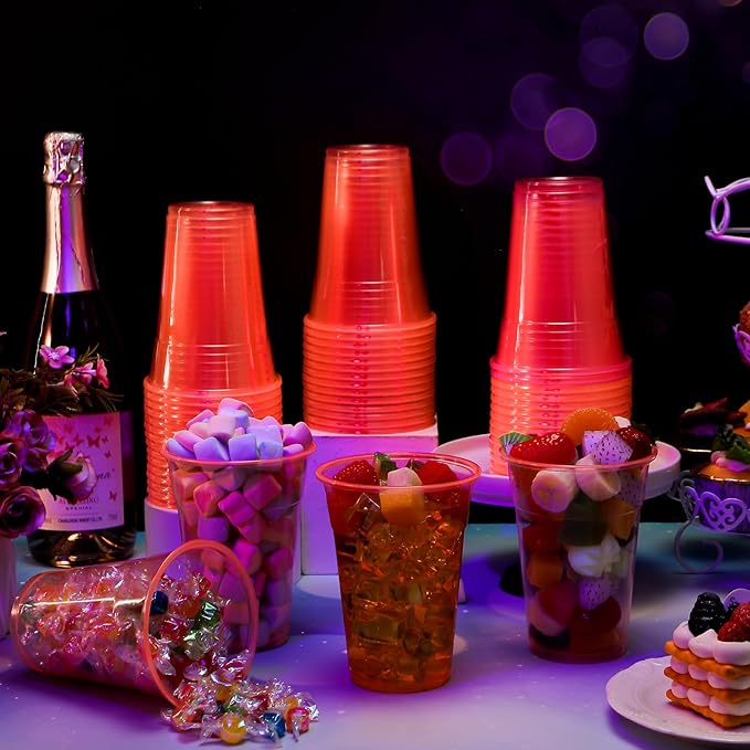 LemonRoad 50 Pack Blacklight Party Glow Cups 16 oz Plastic Neon Cups Disposable Glow in the Dark for Parties Birthdays 80s Themed Events(Orange)