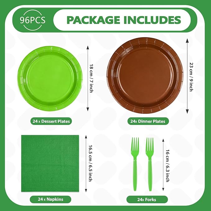 96Pcs Green and Brown Pixel Paper Plates Napkins and Forks Pixel Birthday Party Supplies Disposable Dessert Tableware Set for Video Game Party Decorations Serve 24