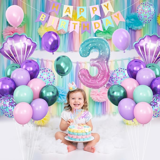 Mermaid 3rd Birthday Decorations for Girls,3rd Party Decorations Metallic Purple Green Pink Blue Latex Balloons Number 3 Seashell Foil Balloons Banner Cake Topper Sea Party Decor