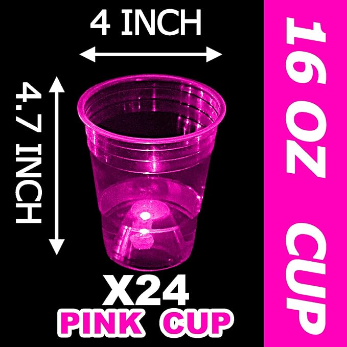 mishunyus 24 pcs Pink Glow-in-the-Dark Plastic Cup Set for Party Event Fun, 16 oz Cups, Wedding House Parties Birthdays Concerts Weddings BBQ Beach Holidays