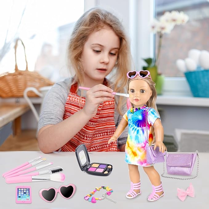 13 Pcs American 18 Inch Doll Accessories and Clothes, Doll Makeup Accessories Set Include Makeup Brush, Eye Shadow,Necklace, Shoulder Bag, Dress,Shoes,Bow Knot Hairpin(No Dolls)