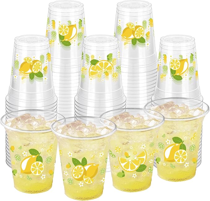 100 Pcs Lemon Plastic Cups,12 oz Yellow Lemon Disposable Clear Plastic Cups Lemons Theme Party Drinking Cup Hawaiian Luau Party Cup for Birthday Wedding Bridal Baby Shower Supplies