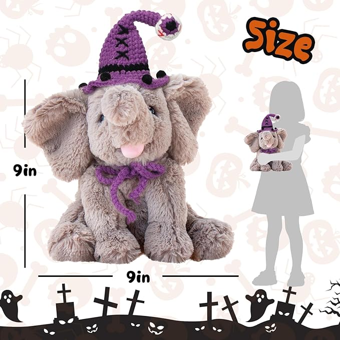 Hopearl Adorable Halloween Plush Calf Elephant Toy with Knitted Witch Hat Floppy Elephish Ultra Soft Stuffed Animal for Boys Girls Kids Toddlers, Gray, 10''