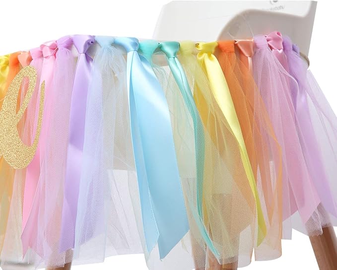 Pastel Rainbow High Chair Banner for 1st Birthday - Party Supplies with Tutu Skirt and Pennant