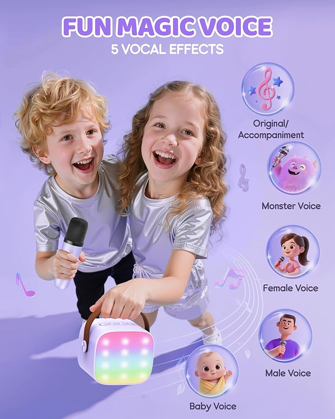 Upgraded Mini Karaoke Machine with 3 Wireless Microphones Toy for Kids, Birthday Gifts for Girls Boys, Portable MP3 Player for Ages 3, 4, 5, 6, 7, 8, 9, 10, 11, 12+ Year Old Family Party (Purple)