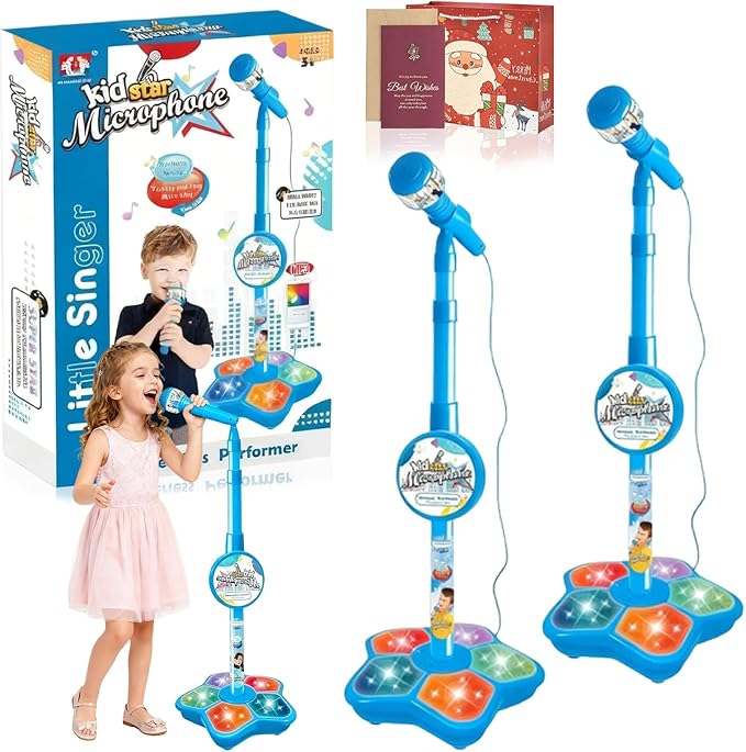 The All-in-One Microphone Toy, Funny Kids Microphone with Adjustable Stand, Speaker & Colorful LED, Multi-Functional Karaoke Microphone Toy for Boys & Girls, Gifts for Little Singers (2-Blue)
