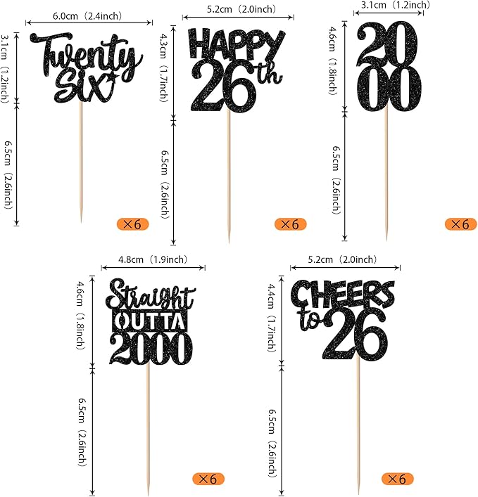 30PCS Black 26th Birthday Cupcake Toppers Glitter Twenty Six Happy 26th Straight Outta 2000 Cupcake Picks for Cheers to 26 Years Birthday Wedding Anniversary Party Cake Decorations Supplies