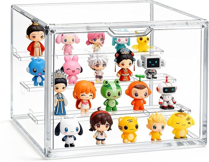 Clear Acrylic Display Case for Collectibles Storage Box 4 Tiers Stackable Showcase with 3 Movable Plates and Magnetic Door for Action Figures Mini Potted Plants Blind Box