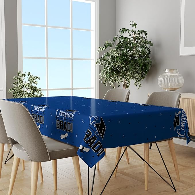 Graduation Tablecloth 2 Pack, 54 x 108 Inch Plastic Tablecloths, Congrats Grad Table Cover, Blue Graduation Party Decorations for Class of 2026, Disposable Rectangle Tablecloth