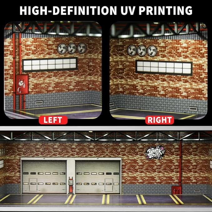1/64 Hot diecast Wheels Cars Display case - 1/64 Scale Model Cars scenarios Display Box with LED Light and Acrylic Cover, Scenes Parking lot Diorama Storage Garage 6 Parking Spaces (Red Brick)