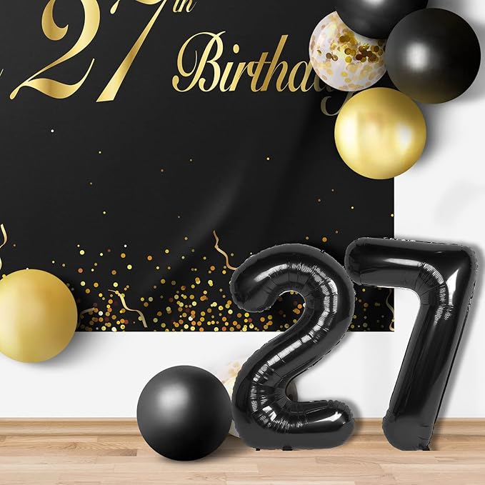 Happy 27th Birthday Balloons Black Set Decor - Cheers to 27 Years Old Party Theme Garland Banner Backdrop Decorations For Women and Men Supplies