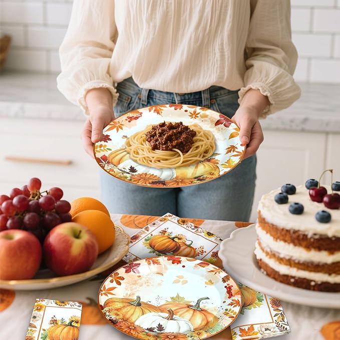 180 Pcs Fall Paper Plates and Napkins,Thanksgiving and Pumpkin Plates Disposable Dinnerware Set for Autumn Thanksgiving Party Supplies,Serve 60 Guests