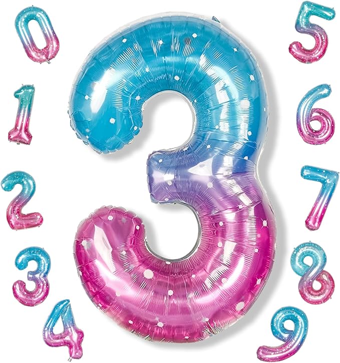 Large Blue Pink Starry 3 Balloons, 40 Inch Giant Mermaid Helium Mylar Foil Globos Numero for Girls, Self Inflating Rainbow 3rd Birthday Balloon for Women Three Anniversary Party Decorations Supplies