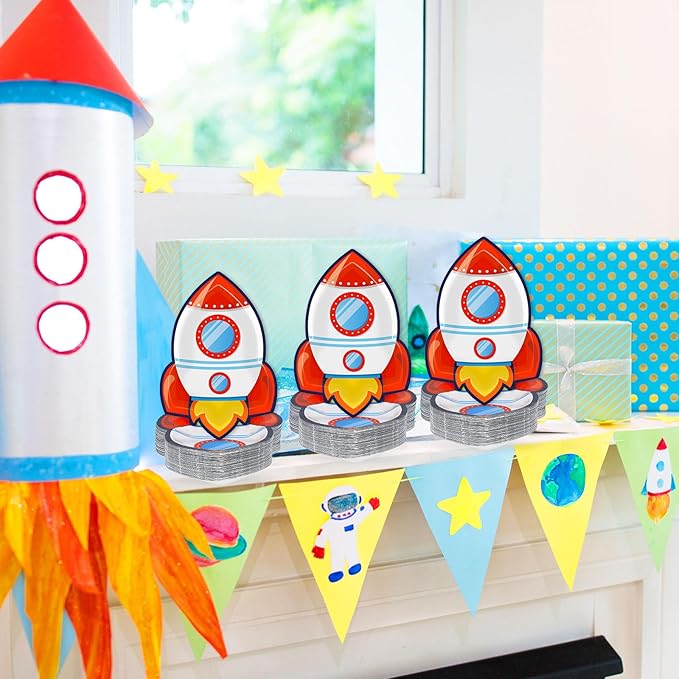 50 PCS Rocket Ship Paper Plates for Outer Space Birthday Party Supplies Disposable Solar System Themed Party Dessert Plates Starry Night Baby Shower Party Galaxy Birthday Themed Decoration Kids