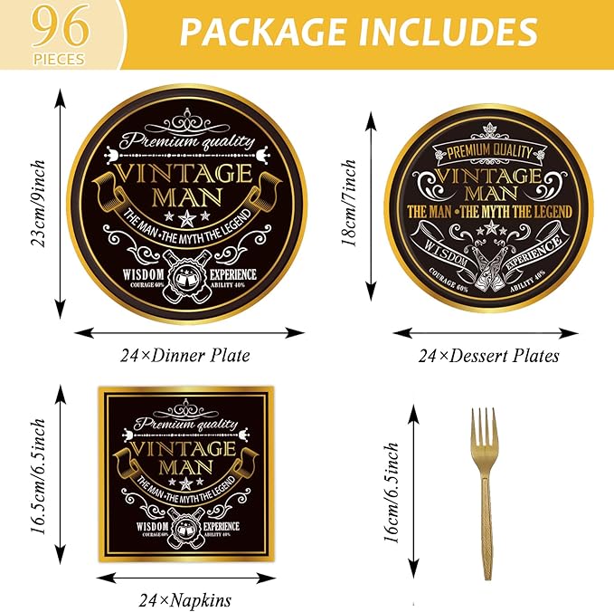 gisgfim 96 Pcs Vintage Man Party Supplies Paper Plates Napkins Vintage Theme Party Birthday Decorations Favors for Black Gold Serves 24