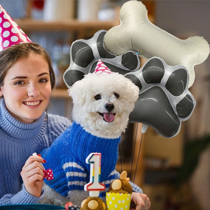 Dog Party Balloons Decorations, 2Pcs Grey Dog Paw Shaped Foil Balloons 1Pcs Bone Shaped Foil Balloons for Pets Party Kids Birthday Baby Shower Decorations