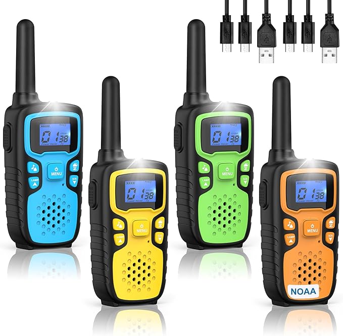 Wishouse Walkie Talkies for Kids Rechargeable Long Range,Xmas Birthday Gift for 5 6 7 8 9 10 11 12 Year Old Boys Girls,Hiking Gear Camping Games with NOAA,SOS Siren,Lamp,Lanyards,Easy to Use,4 Pack
