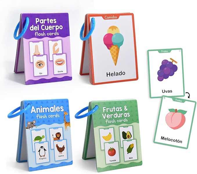 Spanish 4 Themes Set Vocabulary Learning Flashcards, Early Childhood Education Materials for Preschool Kindergarten Language Learning Teaching Aids, Words Cognitive Cards