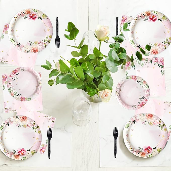 gisgfim 96 Pcs Floral Party Plates and Napkins Party Supplies Pink Spring Theme Flower Party Tableware Set Watercolor Floral Tea Party Decorations Favors for Bridal Baby Shower Serves 24