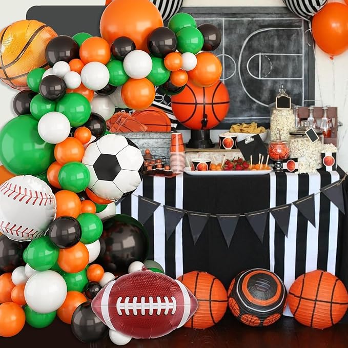 Sport Balloons Arch Garland,Ball Theme Balloon Garland Kit White Green Black Orange Balloons Ball Foil Balloons for Sports Theme Party Games Garden Theme Party Celebration Party