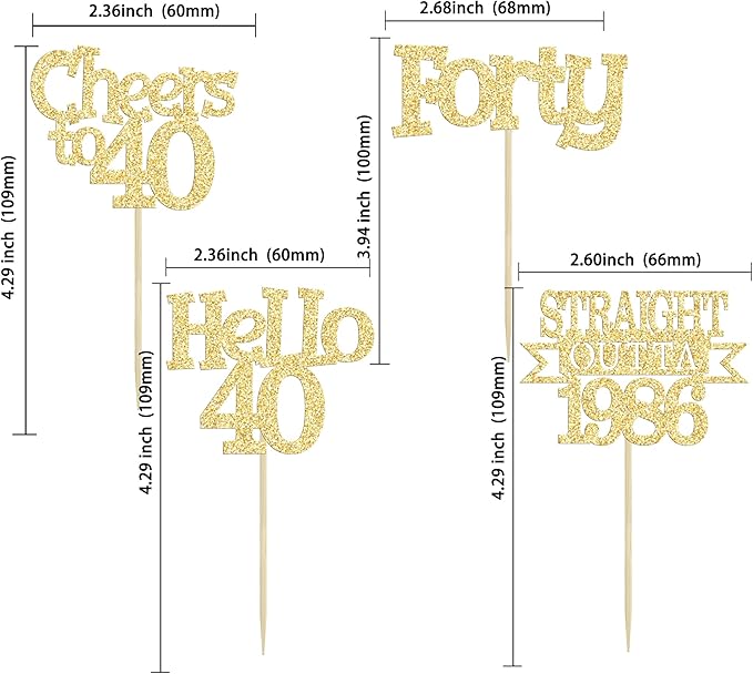 Ephlyn 24Pcs Happy 40th Birthday Cupcake Toppers Glitter Forty Cupcake Picks Hello 40 Cheers to 40 Years Birthday Cake Decorations for 40th Birthday Anniversary Party Supplies Gold