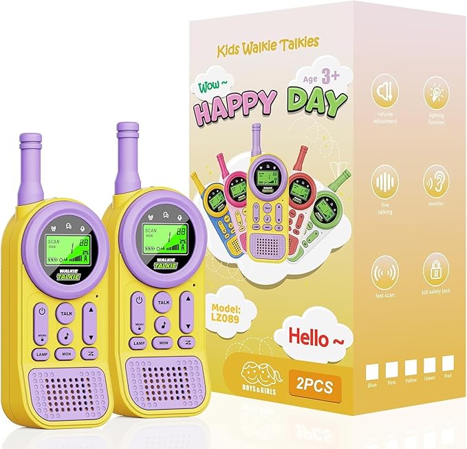 Walkie Talkies for Kids 2 Pack: 22 Channels 2 Way Radio Toys for 3-12 Year Old - VOX LED 3 Miles Long Range - Camping Hiking Birthday Boys Girls Yellow